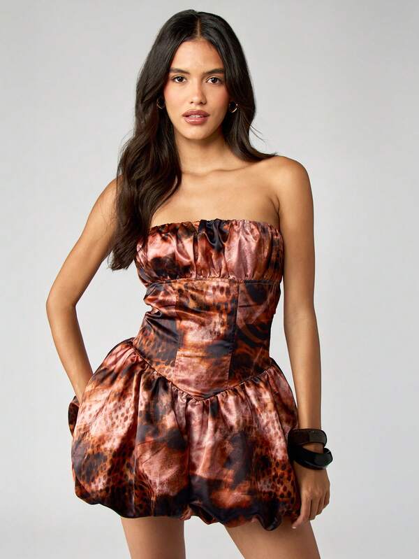 missguided MISSGUIDED Strapless Satin Bubble Hem Mini Dress With Ruched Bodice