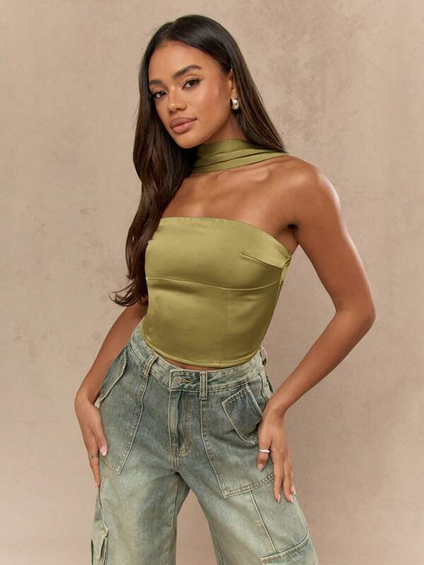 missguided MISSGUIDED Strapless Satin Bustier Top With Choker