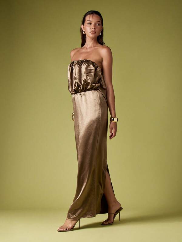 Missguided MISSGUIDED Strapless Satin Maxi Gown With Ruched Bodice