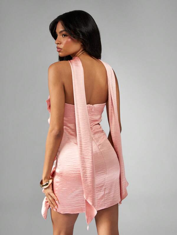 Missguided MISSGUIDED Strapless Satin Mini Dress With Ruffle Detail And Neck Drape