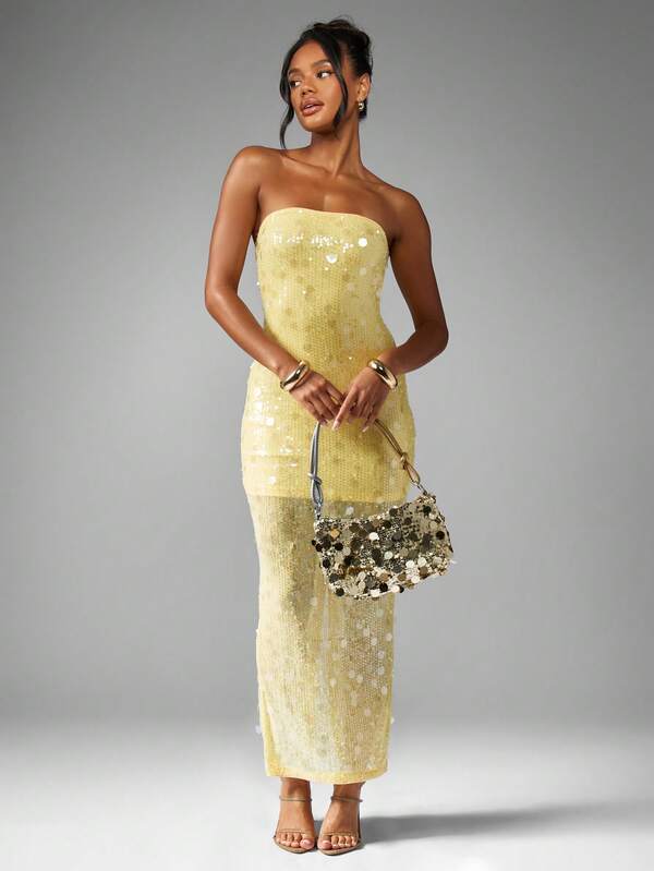 Missguided MISSGUIDED Strapless Sequin Column Maxi Dress With Back Slit