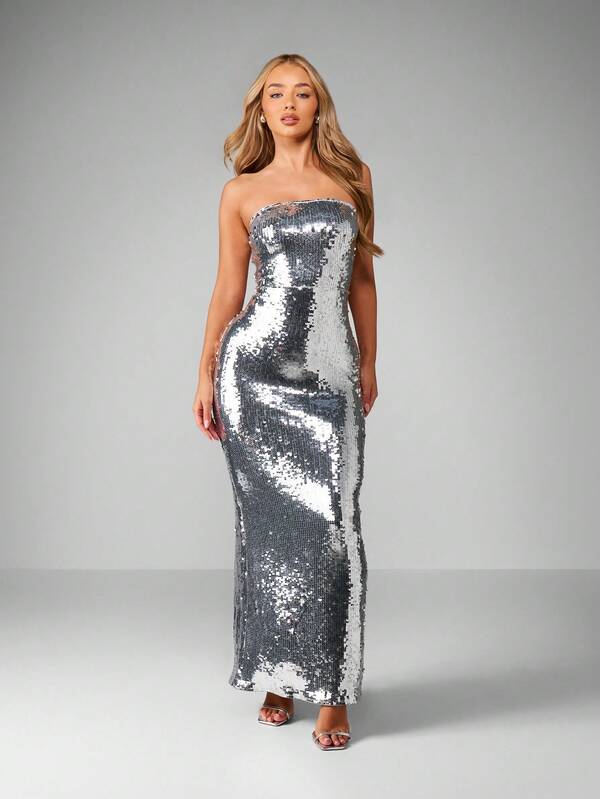 Missguided MISSGUIDED Strapless Sequin Maxi Dress With Back Split
