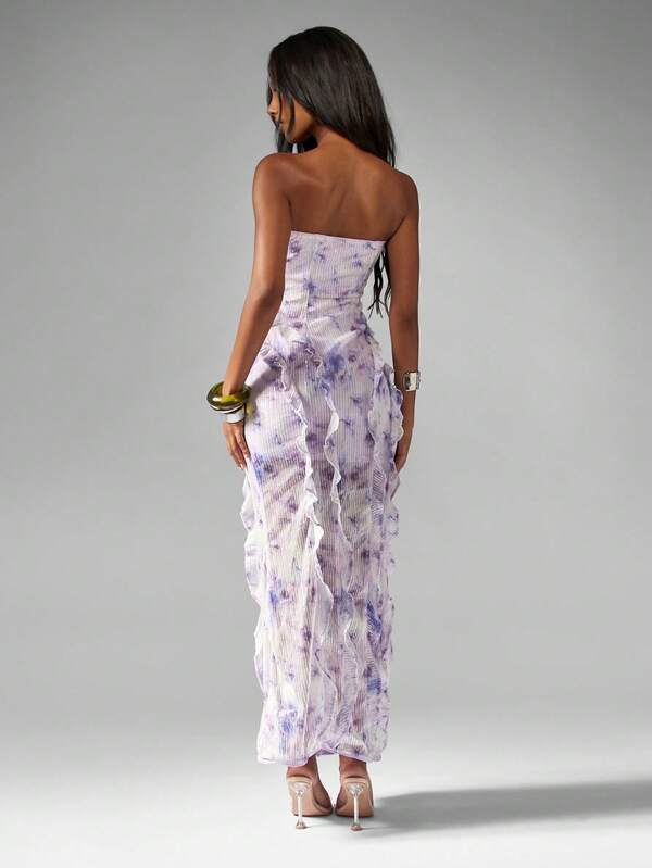 Missguided MISSGUIDED Strapless Sequin Maxi Dress With Ruffles And Side Slit
