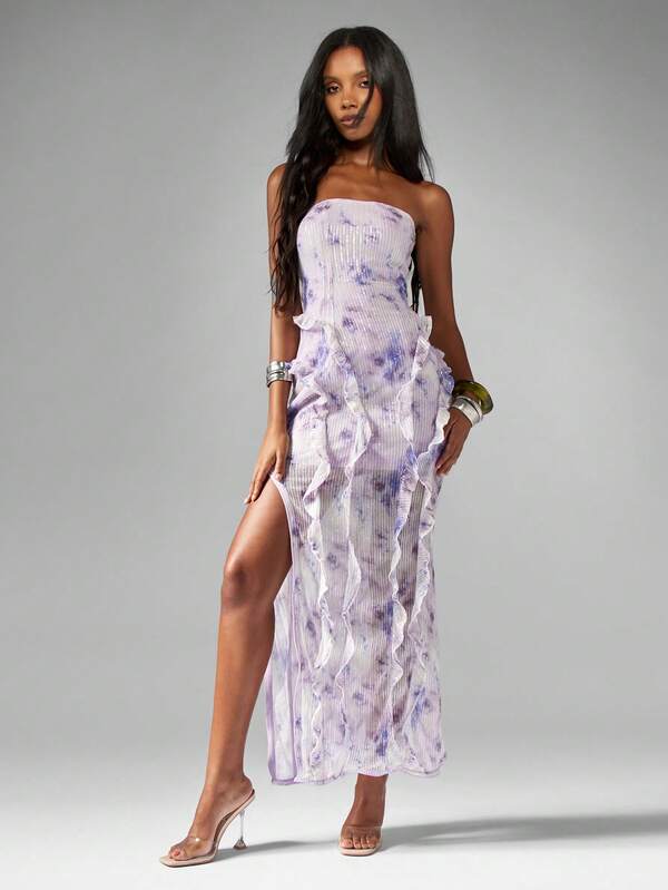 Missguided MISSGUIDED Strapless Sequin Maxi Dress With Ruffles And Side Slit