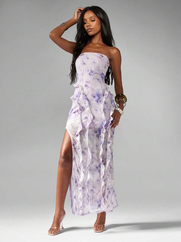 missguided MISSGUIDED Strapless Sequin Maxi Dress With Ruffles And Side Slit
