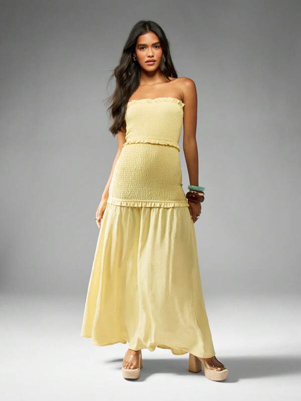 missguided MISSGUIDED Strapless Shirred Maxi Dress With Ruffle Trim And Empire Waist