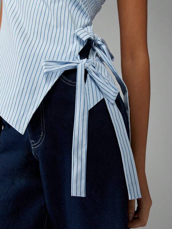 Missguided MISSGUIDED Strapless Striped Bandeau Top With Side Bow Detail Crop Length Women Tops