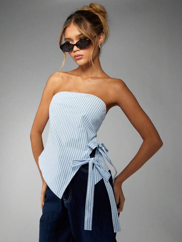 missguided MISSGUIDED Strapless Striped Bandeau Top With Side Bow Detail Crop Length Women Tops
