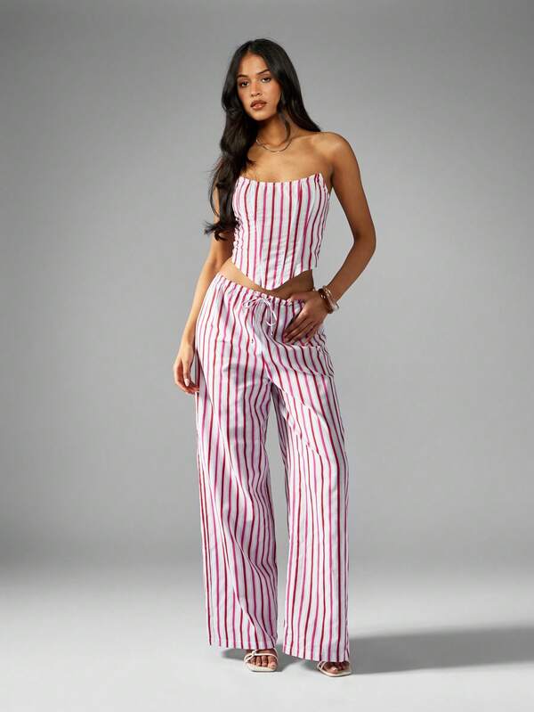 Missguided MISSGUIDED Strapless Striped Corset Top Bandeau Bustier Cotton Blend Lined