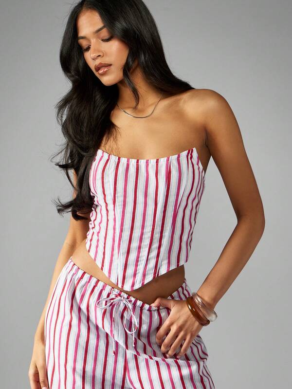 Missguided MISSGUIDED Strapless Striped Corset Top Bandeau Bustier Cotton Blend Lined