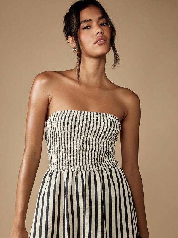 Missguided MISSGUIDED Strapless Striped Midi Dress With Smocked Bodice And Flared Skirt