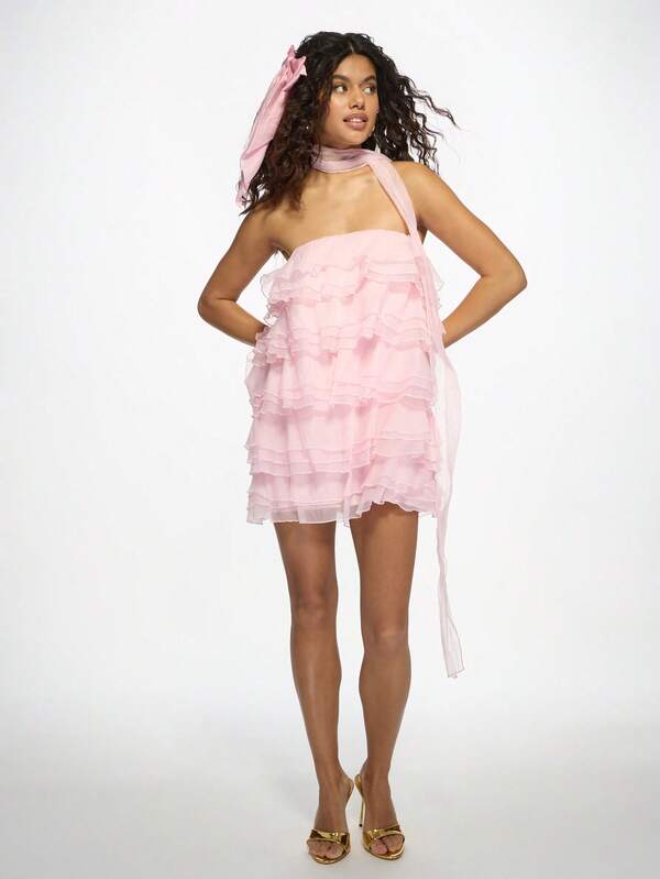 Missguided MISSGUIDED Strapless Tiered Ruffle Mini Dress Features Sheer Neck Scarf