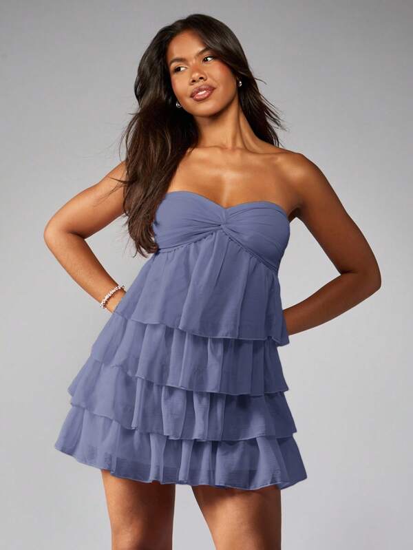missguided MISSGUIDED Strapless Tiered Ruffle Mini Dress With Twist Bust
