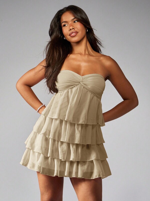 missguided MISSGUIDED Strapless Tiered Ruffle Mini Dress With Twist Bust