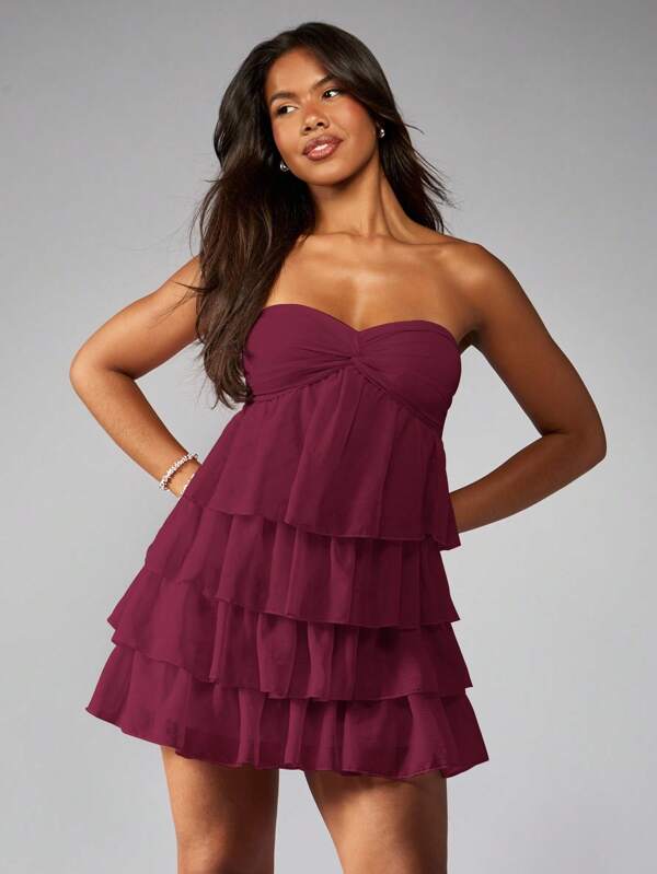 missguided MISSGUIDED Strapless Tiered Ruffle Mini Dress With Twist Front And Empire Waist