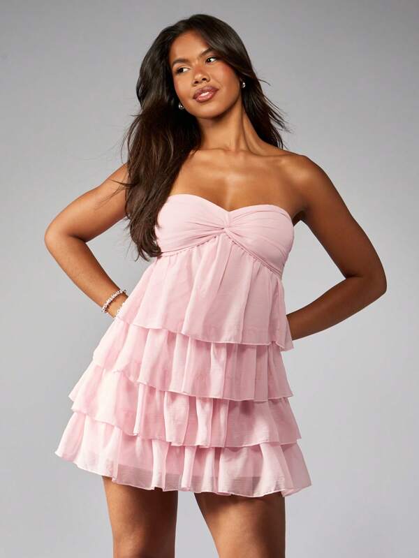 missguided MISSGUIDED Strapless Tiered Ruffle Sweetheart Neckline Empire Waist Mini Dress