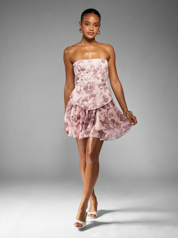 Missguided MISSGUIDED Strapless Toile Print Mini Dress With Bubble Hem