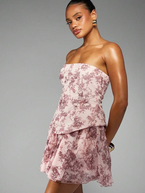Missguided MISSGUIDED Strapless Toile Print Mini Dress With Bubble Hem