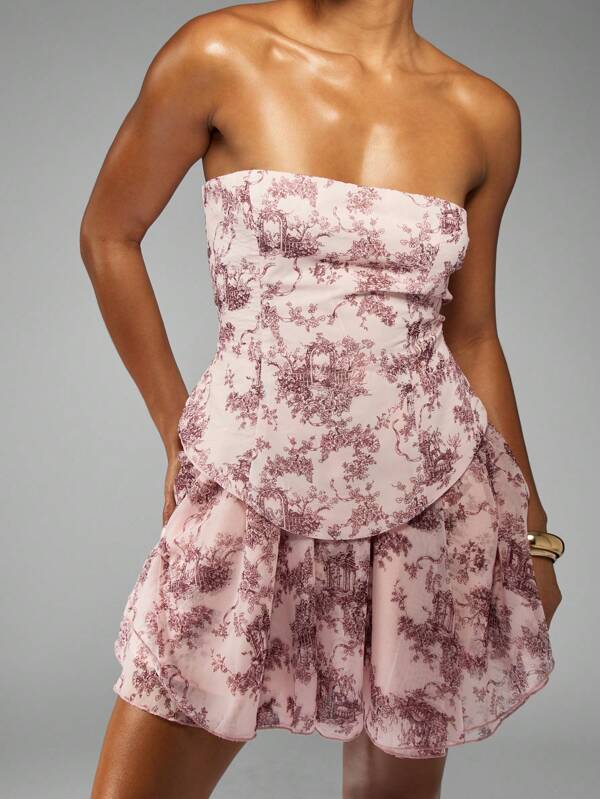missguided MISSGUIDED Strapless Toile Print Mini Dress With Bubble Hem