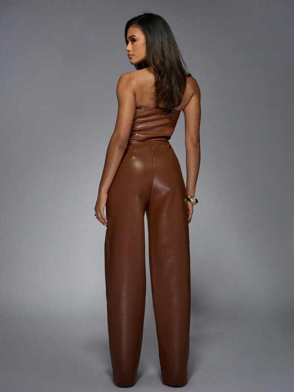 Missguided MISSGUIDED Strapless Wide Leg Leather Jumpsuit With Pleated Detail