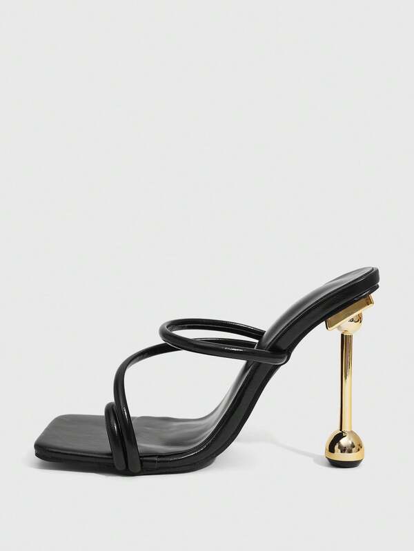 Missguided MISSGUIDED Strappy Mule Sandals With Architectural Gold Ball Heel