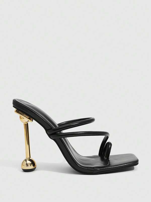 missguided MISSGUIDED Strappy Mule Sandals With Architectural Gold Ball Heel