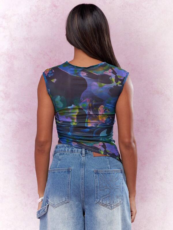 Missguided MISSGUIDED Street Asymmetric One Side Ruched Cloud Print Cap Sleeves Top