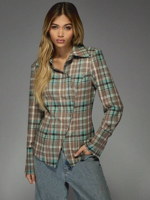 missguided MISSGUIDED Street Checked Asymmetric Button Closure Fitted Shirt Blouse