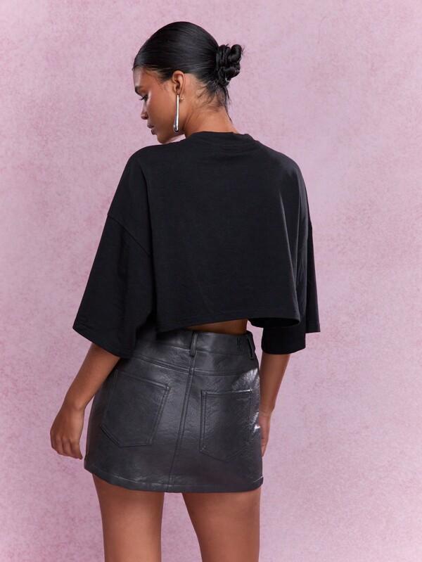 Missguided MISSGUIDED Street Embroidered Logo Drop Shoulder Loose Fit Crop T-Shirt