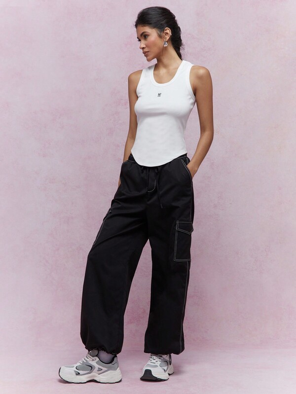 Missguided MISSGUIDED Street Embroidered Logo Ribbed Curved Hem Tank Top