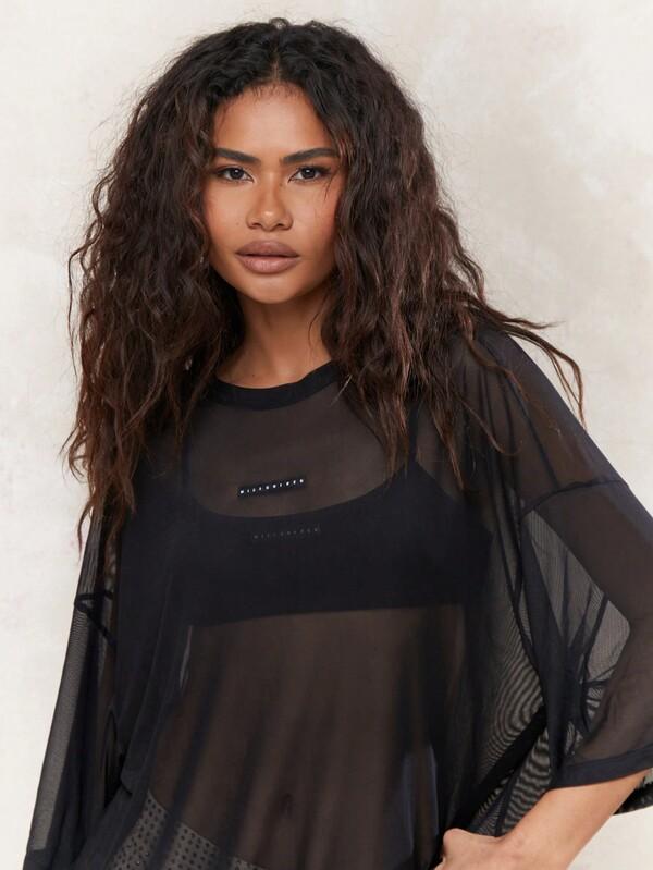 Missguided MISSGUIDED Street Logo Label Mesh Drop Shoulder Oversized Tee