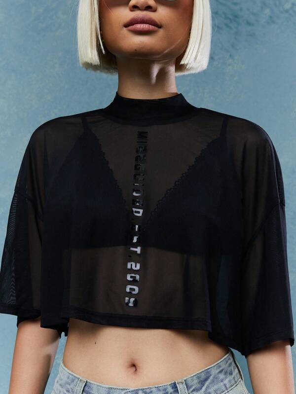 Missguided MISSGUIDED Street Sheer Mesh Polo Neck Crop T-Shirt