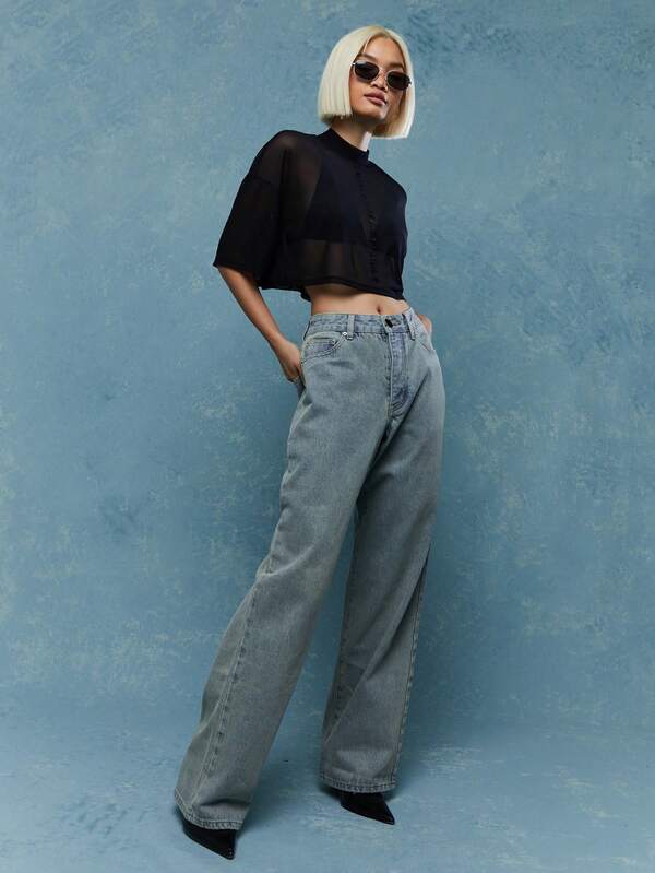 Missguided MISSGUIDED Street Sheer Mesh Polo Neck Crop T-Shirt