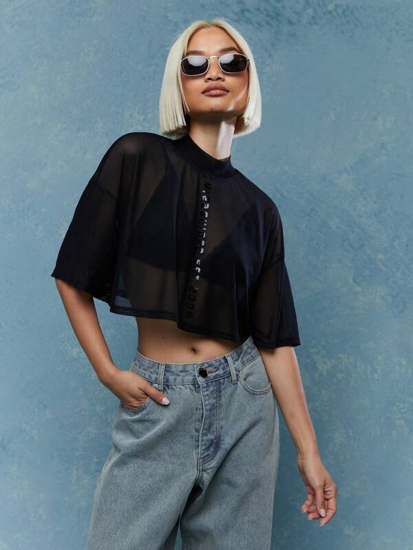 missguided MISSGUIDED Street Sheer Mesh Polo Neck Crop T-Shirt