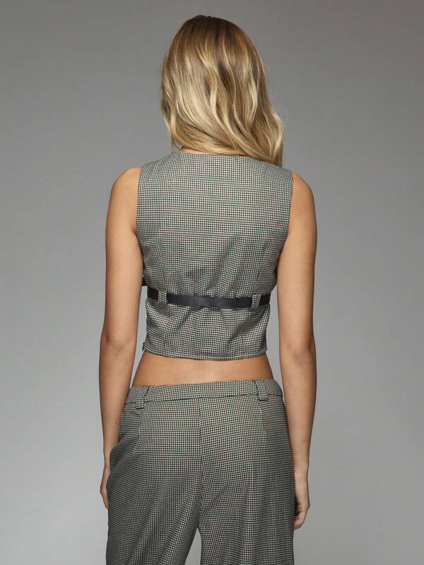 Missguided MISSGUIDED Street Tailored Checked Plunge Neck Belted Crop Top