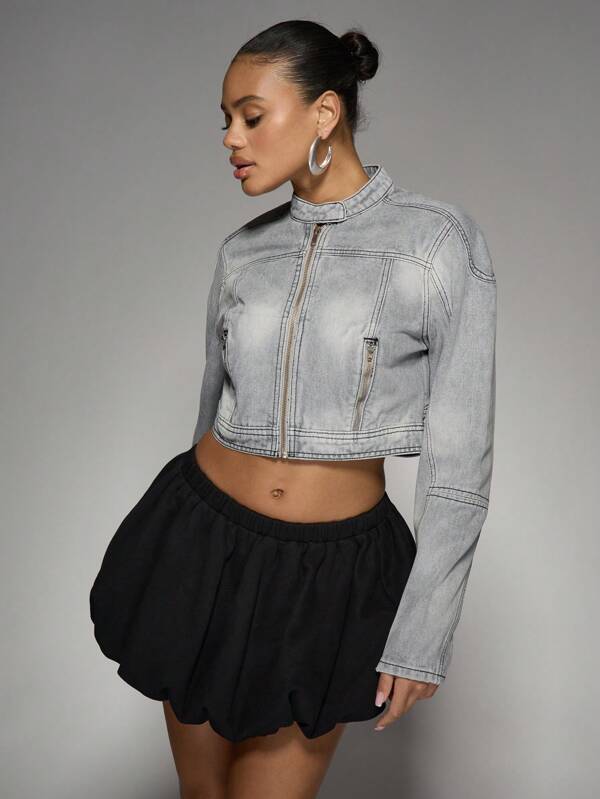 Missguided MISSGUIDED Streetwear Cropped Moto Denim Trucker Jacket With Zips