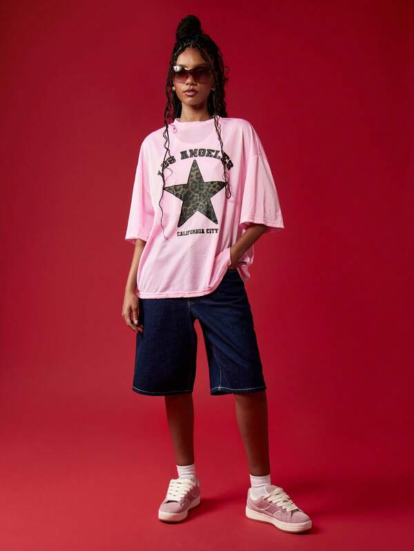 Missguided MISSGUIDED Streetwear Oversized Mesh Leopard Star Print T-Shirt