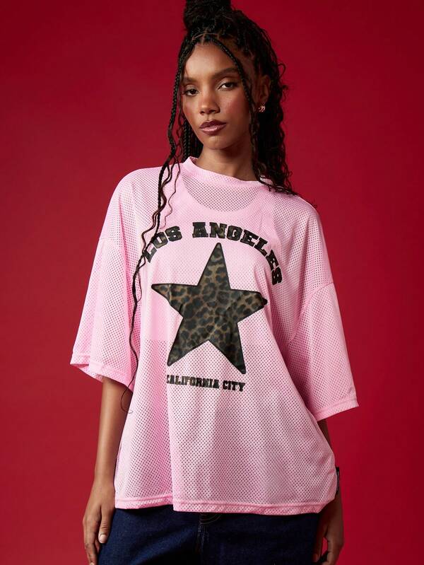 Missguided MISSGUIDED Streetwear Oversized Mesh Leopard Star Print T-Shirt