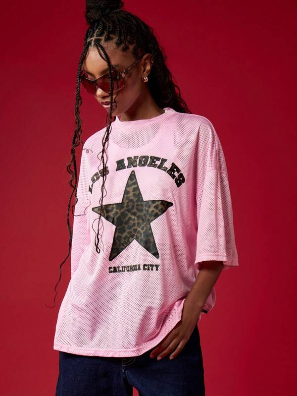 missguided MISSGUIDED Streetwear Oversized Mesh Leopard Star Print T-Shirt