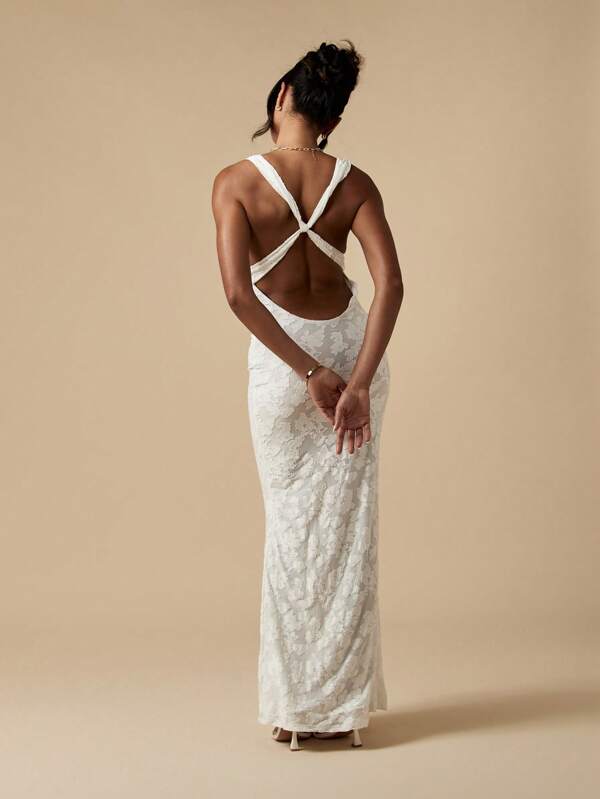 Missguided MISSGUIDED Stretch Devore Crisscross Back Floor Length Maxi Gown