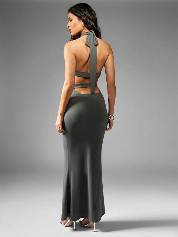 Missguided MISSGUIDED Stretch Jersey Halter High Neck Maxi Dress With Open Back And Tie Neck