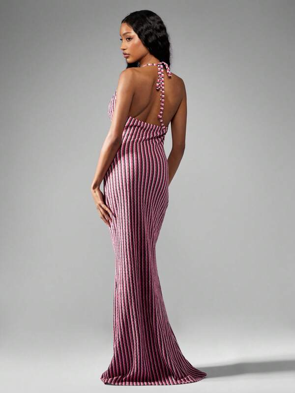 Missguided MISSGUIDED Stretch Knitted Striped Halter Cowl Neck Bodycon Maxi Dress