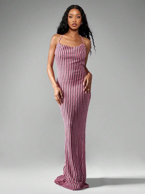 Missguided MISSGUIDED Stretch Knitted Striped Halter Cowl Neck Bodycon Maxi Dress