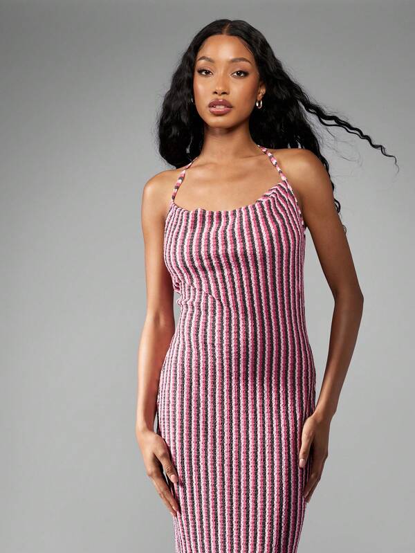Missguided MISSGUIDED Stretch Knitted Striped Halter Cowl Neck Bodycon Maxi Dress