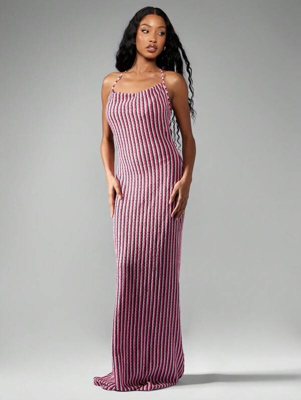 missguided MISSGUIDED Stretch Knitted Striped Halter Cowl Neck Bodycon Maxi Dress