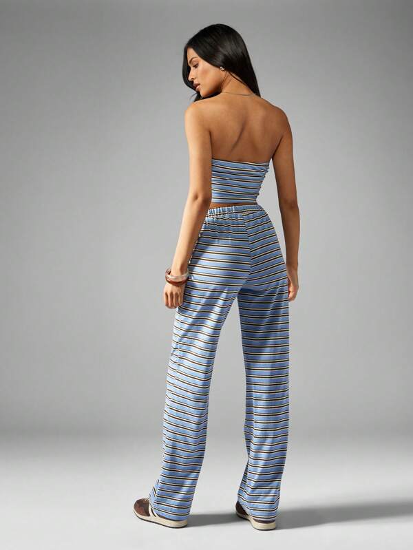 Missguided MISSGUIDED Stretch Stripped Jersey Bandeau Top And Wide Leg Trousers Two Piece Co Ord Set