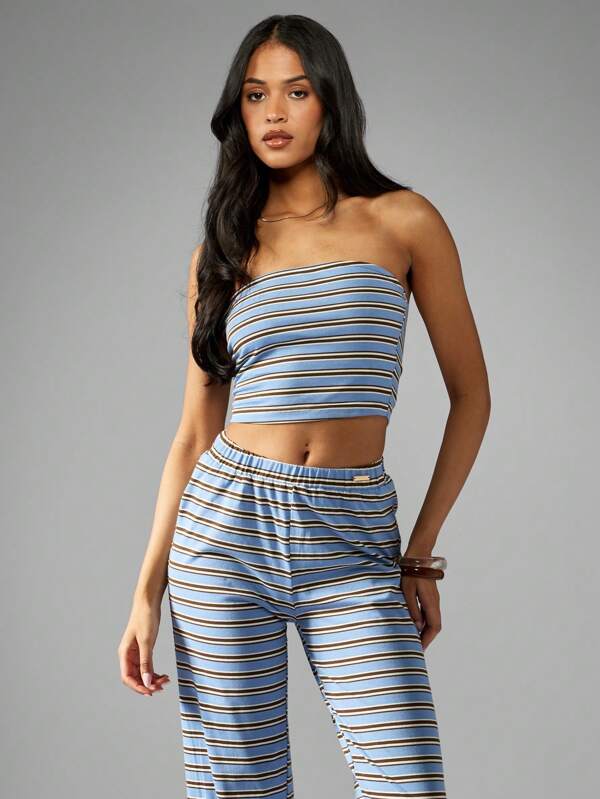 Missguided MISSGUIDED Stretch Stripped Jersey Bandeau Top And Wide Leg Trousers Two Piece Co Ord Set