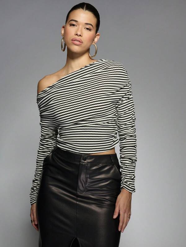 Missguided MISSGUIDED Stripe Asymmetric Off Shoulder Top
