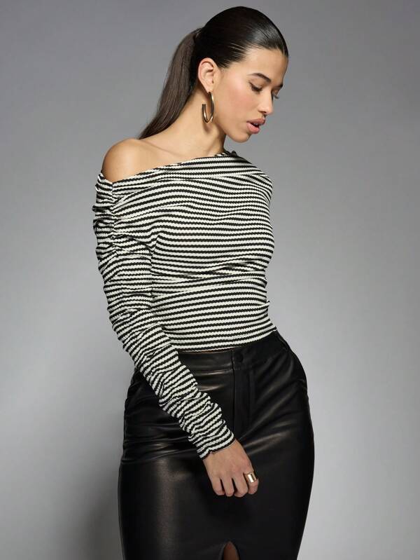 missguided MISSGUIDED Stripe Asymmetric Off Shoulder Top
