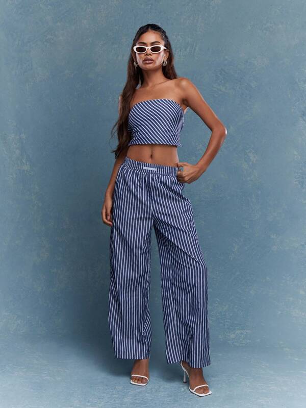 missguided MISSGUIDED Stripe Bandeau Top And Wide Leg Pajama Pants Co-Ord